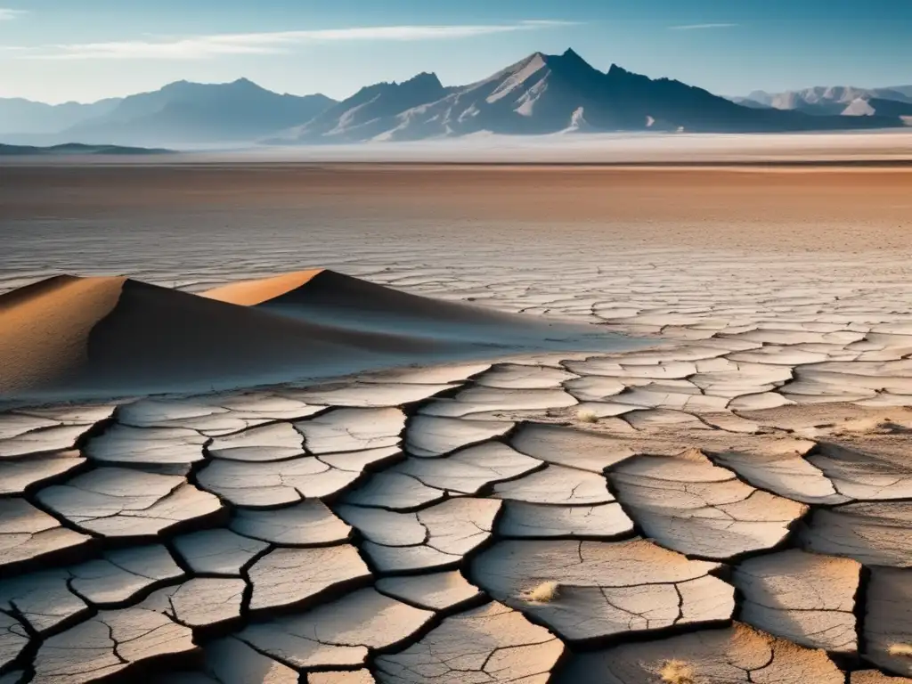 Paisaje estéril con tierra agrietada y montañas heladas: Vida en condiciones extremas: Astrobiología