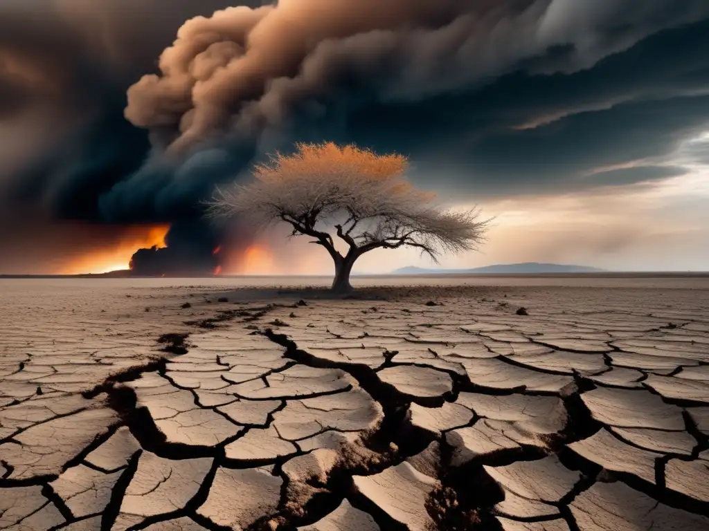 Paisaje árido con tierra seca y agrietada, cielo oscuro y nubes ominosas