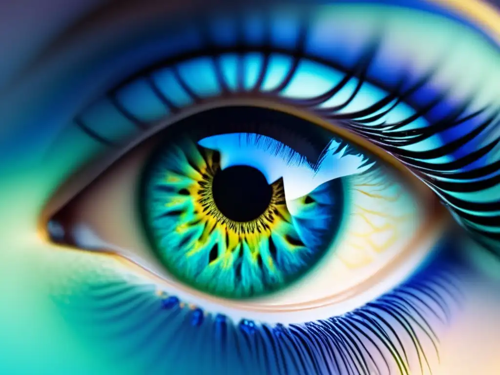 Influencia genética en color de ojos: Detalles de iris en tonos azules y verdes, patrones únicos y ambiente visualmente cautivador