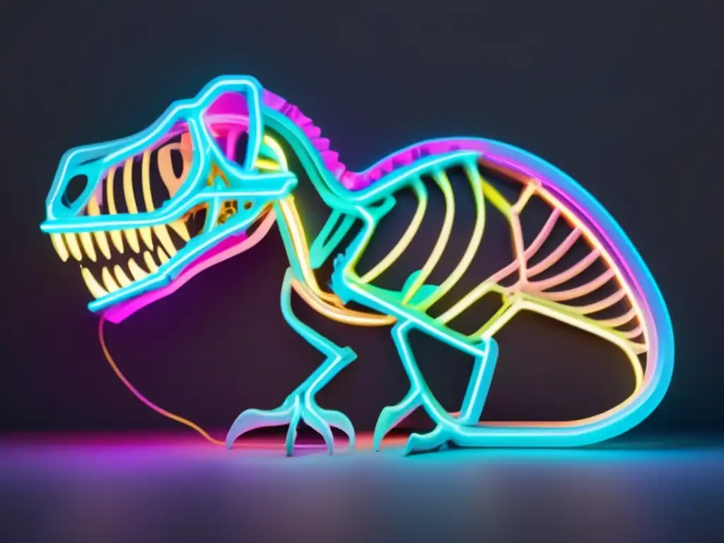 Importancia de la paleontología en la cultura popular: imagen 8K impactante y abstracta con esqueleto de dinosaurio y colores neón