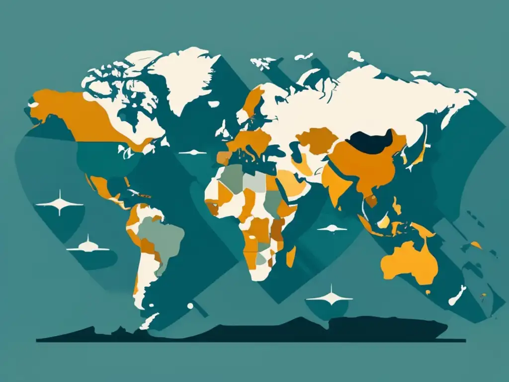 Distribución de continentes y océanos en un mapa minimalista y abstracto