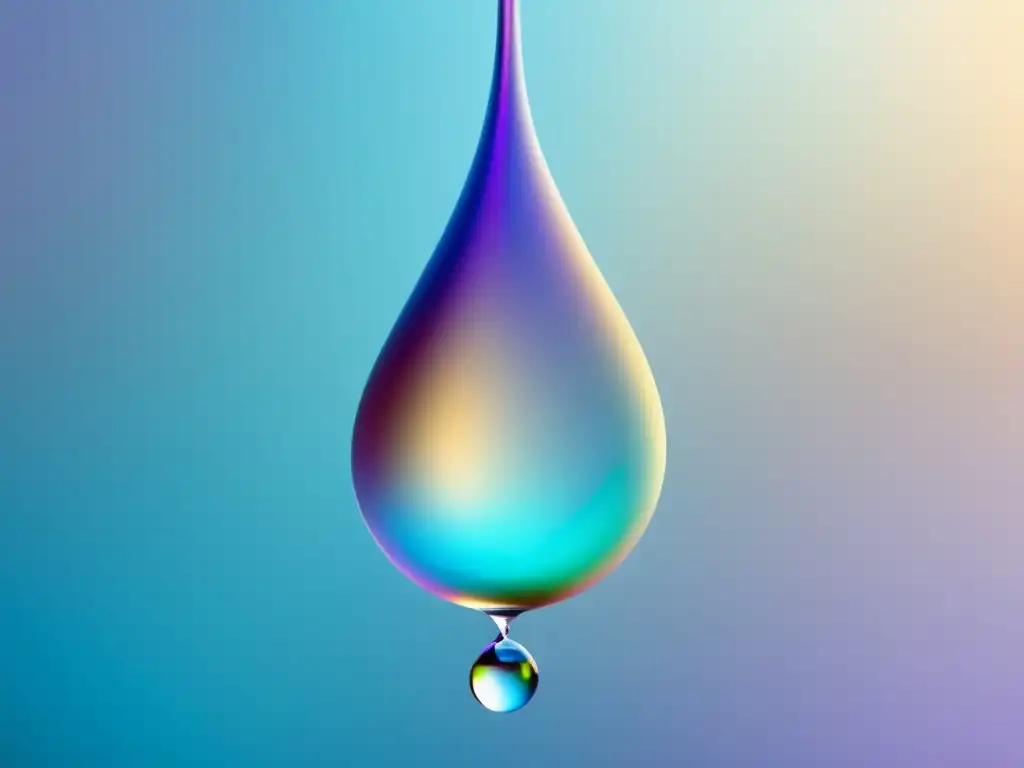 Materiales avanzados en belleza y cosmética: gota translúcida suspendida, patrón geométrico glistente en fondo pastel