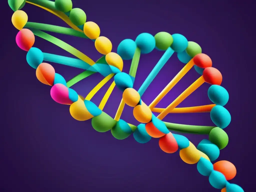 Concepto edición genética: ADN helicoidal vibrante con formas geométricas representando información genética