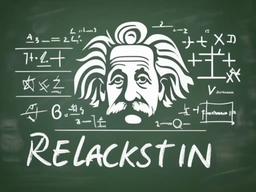 Retrato minimalista de Einstein en un pizarrón con ecuaciones y conceptos fundamentales de la Teoría de la Relatividad