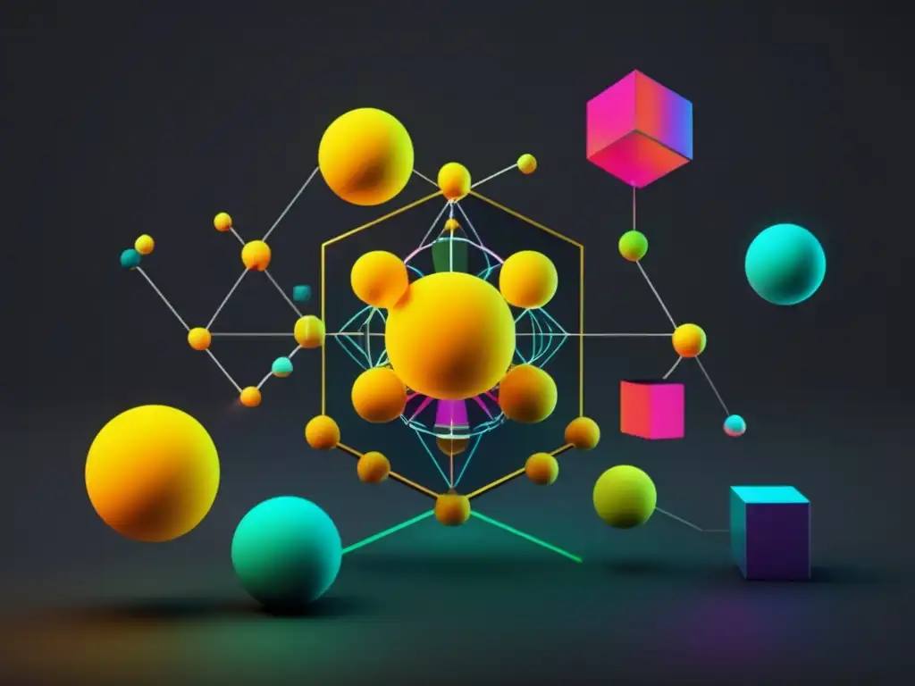 Elementos radioactivos en química inorgánica - Formas geométricas neoncoloreadas representan elementos radioactivos en un fondo negro