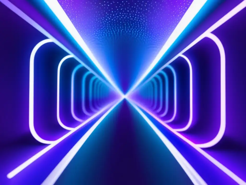 Túnel cuántico: barreras realidad, líneas vibrantes azules y moradas entrelazadas en imagen abstracta minimalista