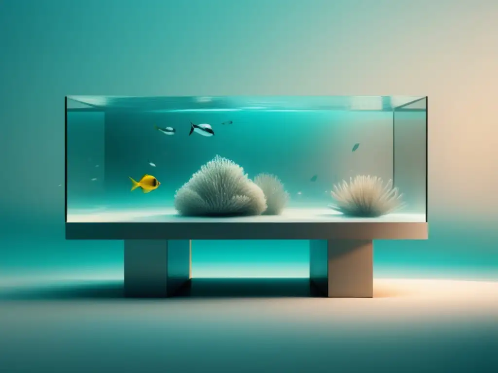 Imagen: Escena submarina minimalista con tanque de vidrio y formas geométricas