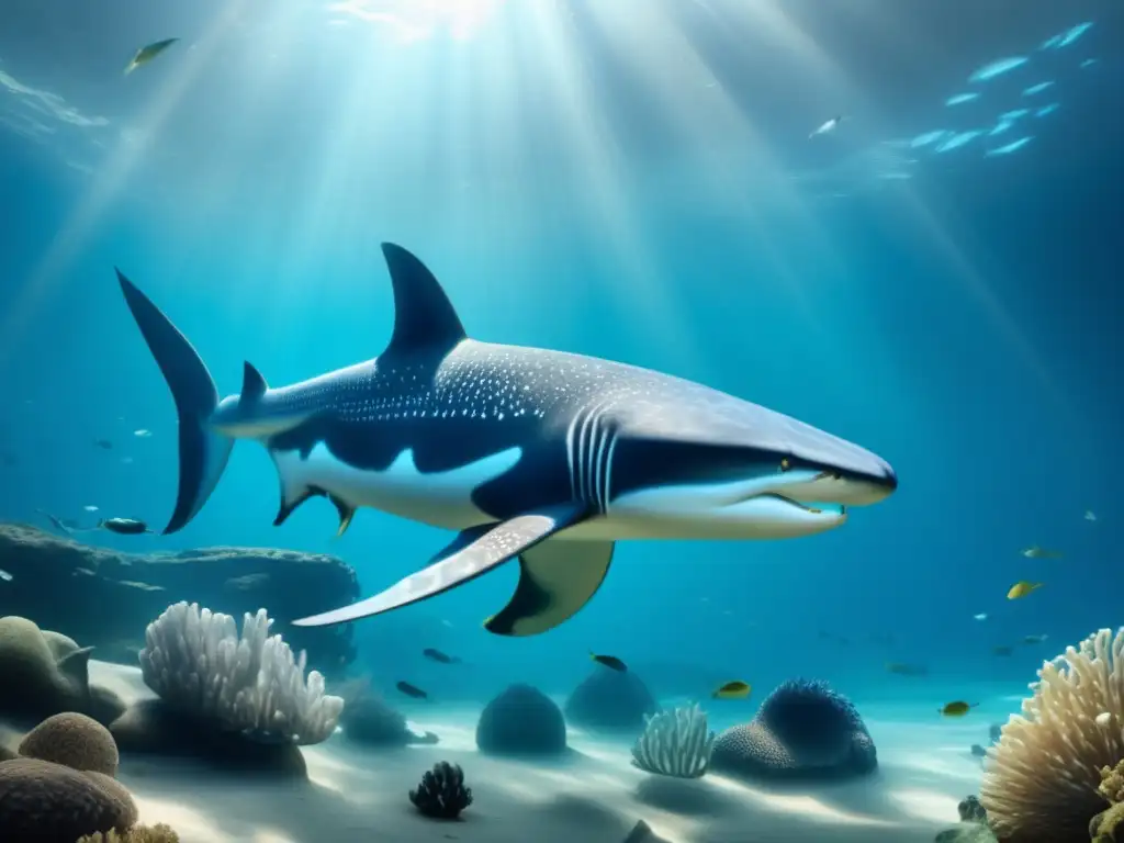 Fósiles marinos paleontología acuática: Escena prehistórica submarina con aguas cristalinas, seres marinos antiguos y arrecifes de coral