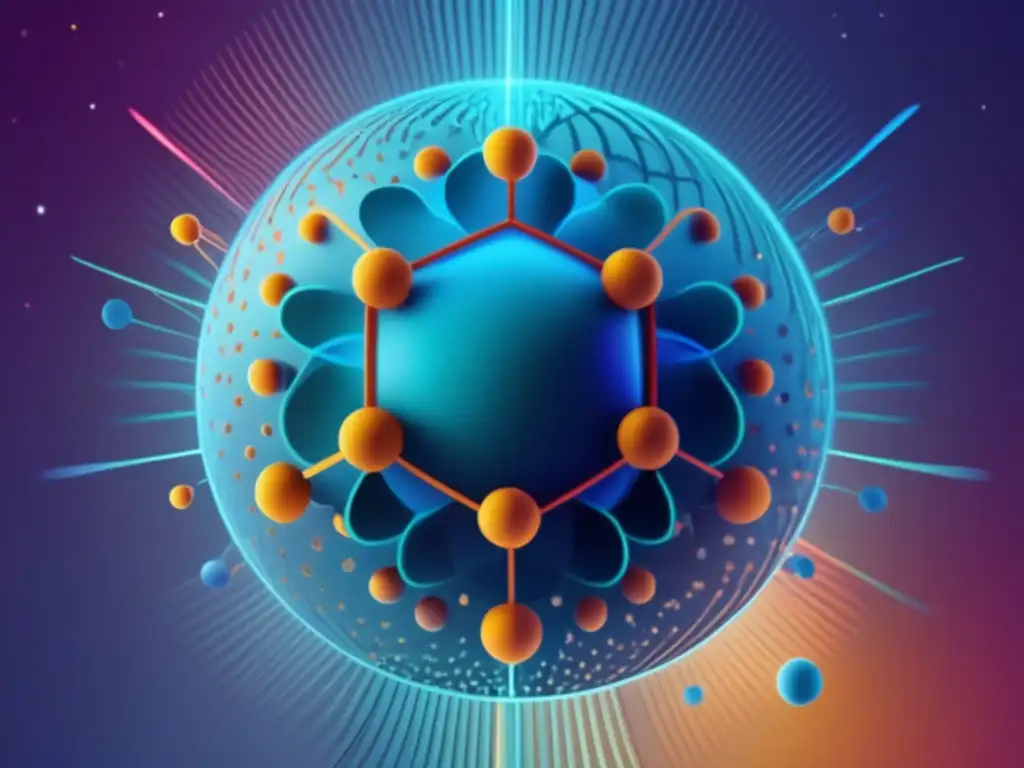 Importancia de la Biomedicina en vacunas: esfera pulsante y red científica simbolizan avance y sinergia ciencia-naturaleza