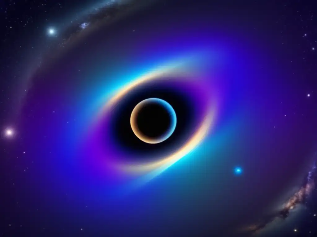 Conceptos de la Relatividad General: Agujero negro en el espacio oscuro, con efecto de lente gravitacional, estrellas y galaxias distorsionadas