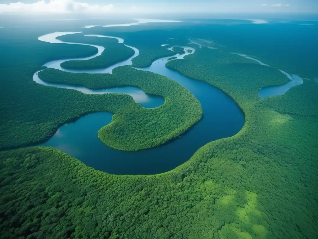 Importancia de la selva amazónica: Vista aérea fascinante de la exuberante vegetación y redes fluviales, destacando sus formas y patrones naturales