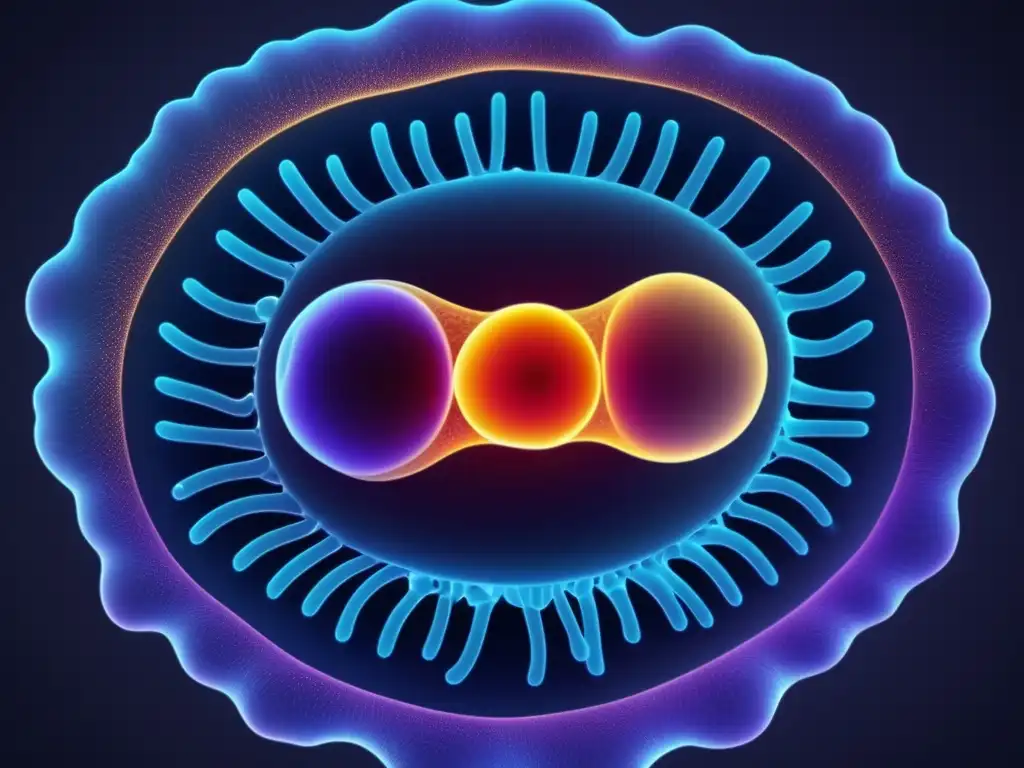 Anatomía de microorganismos animales - Estructura celular detallada y abstracta, con membranas, organelos y componentes destacados