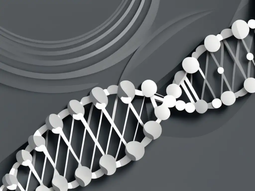 ADN: doble hélice, base pares, estructura torsionada, estilo minimalista y abstracto, paleta en grises y blancos, líneas precisas y geometría