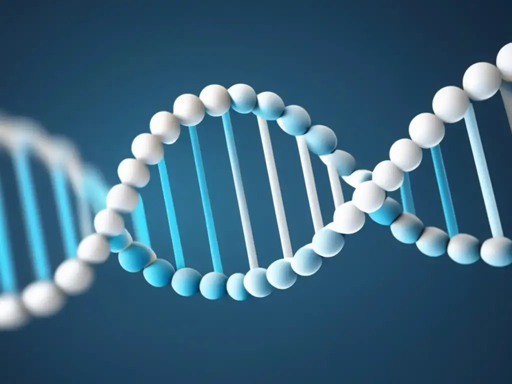 Estructura de ADN: Helice doble con patrones abstractos que simbolizan la compleja red de modificaciones epigenéticas que regulan la expresión génica