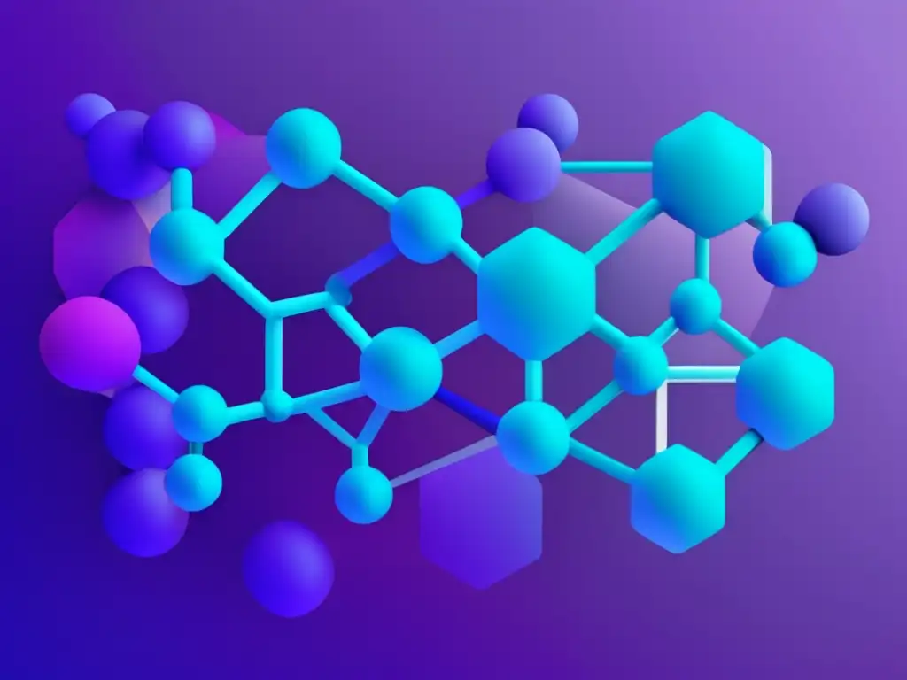 Estructura molecular minimalista, con líneas y formas geométricas en azules y morados