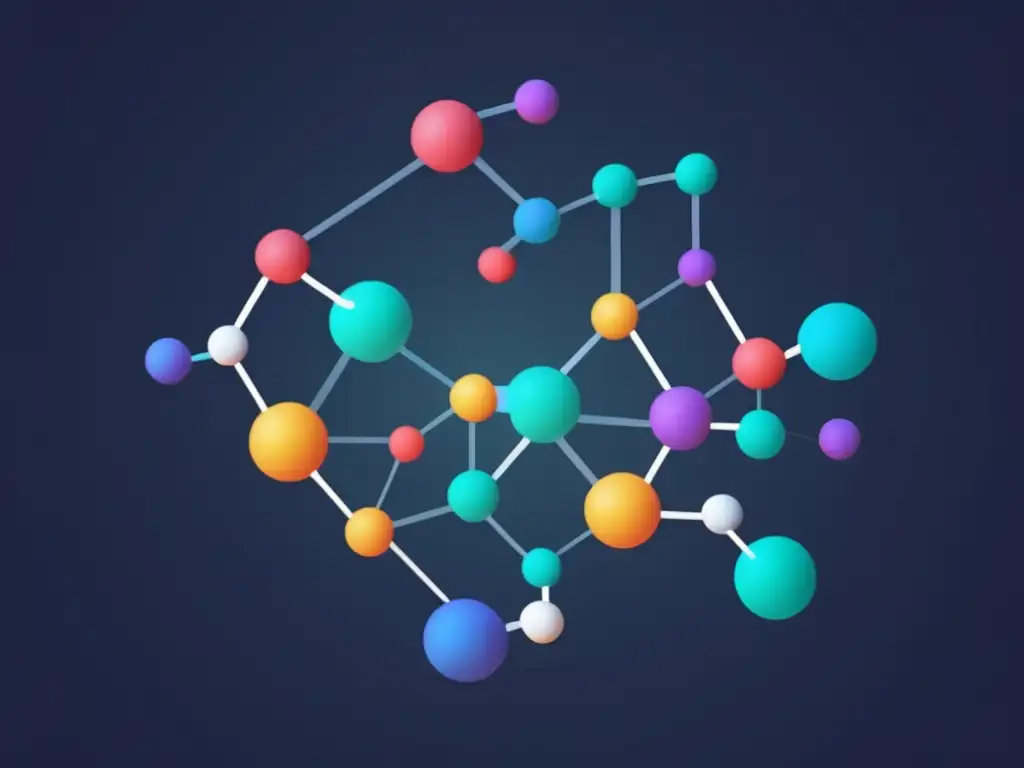 Herramientas para diseñar fármacos eficaces: estructura molecular abstracta en colores vibrantes, representando elementos y conexiones intrincadas