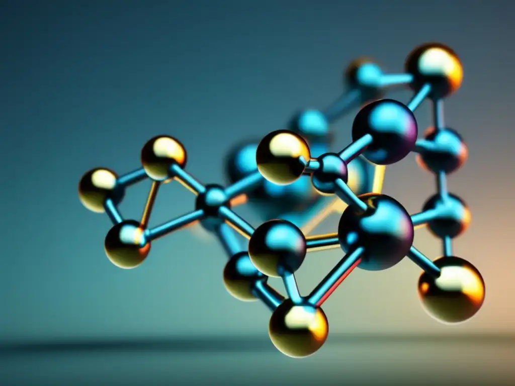 Estructura molecular en química inorgánica: imagen 8k de compuesto metálico con átomos esféricos y líneas de enlace