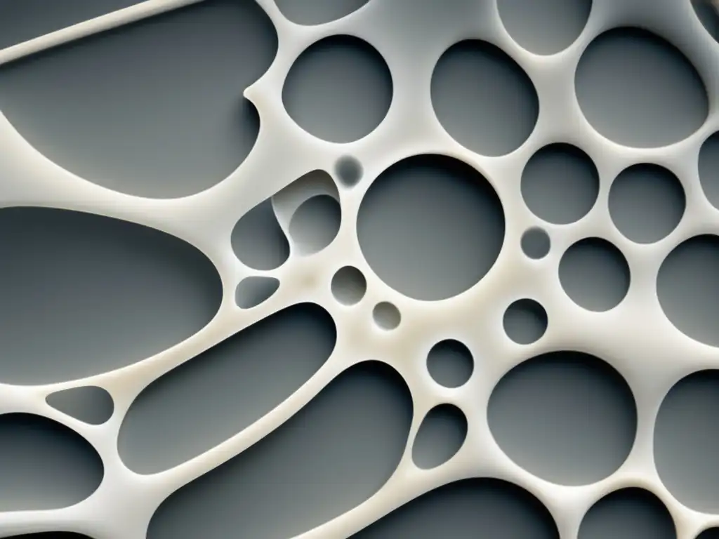 Importancia de la biomedicina en medicina forense: detalle de estructura ósea a nivel celular, estilo minimalista y abstracto, tonos grises y blancos