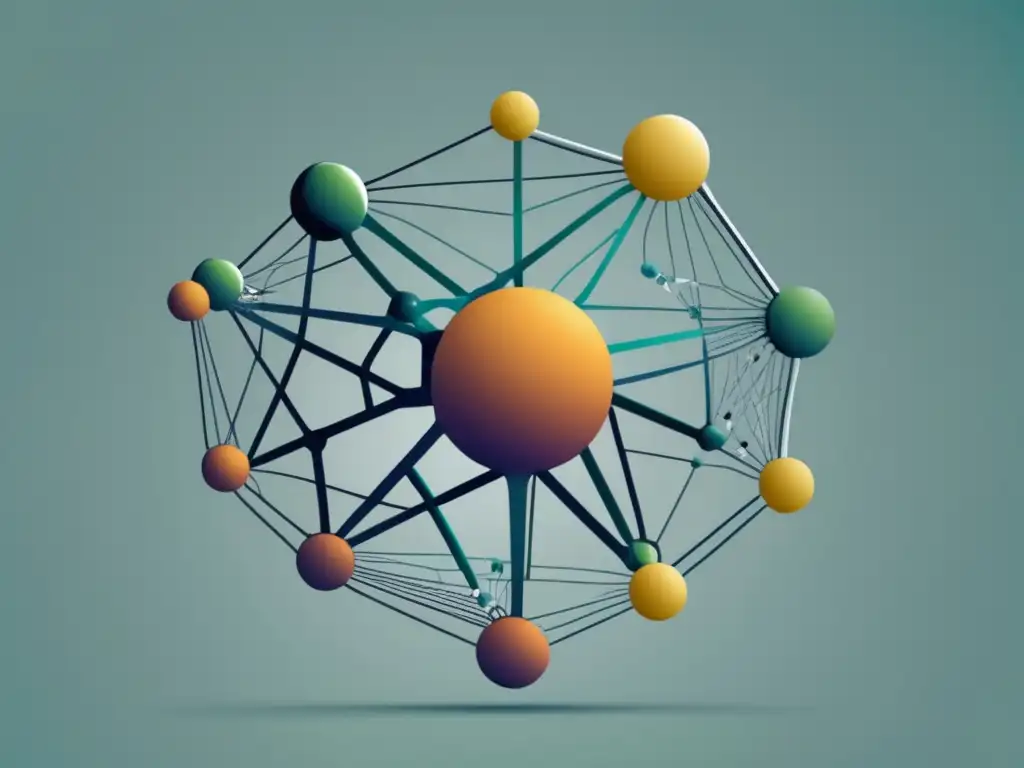 Importancia biología sintética: estructura web intrincada, nodos interconectados en diferentes formas y tamaños, estilo minimalista y moderno