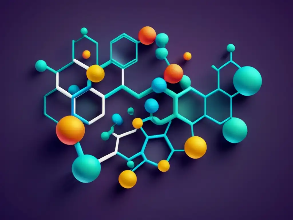 Estructura molecular en química inorgánica con colores vibrantes y patrones geométricos