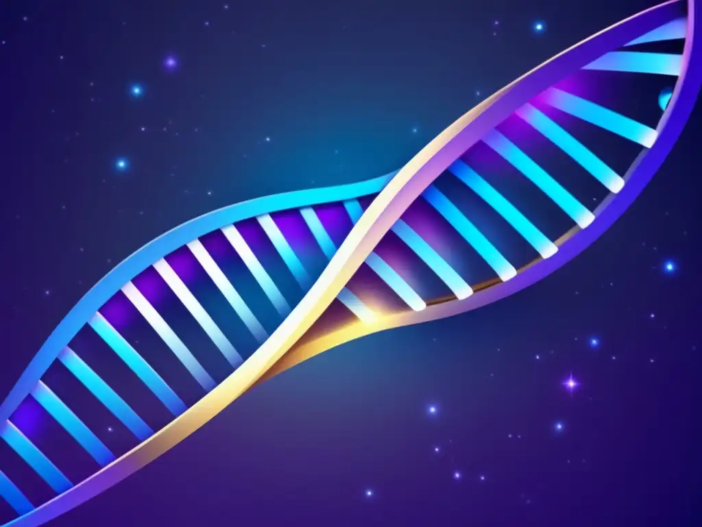 Importancia de la evolución en longevidad: imagen abstracta de ADN brillante rodeado de partículas en un fondo oscuro