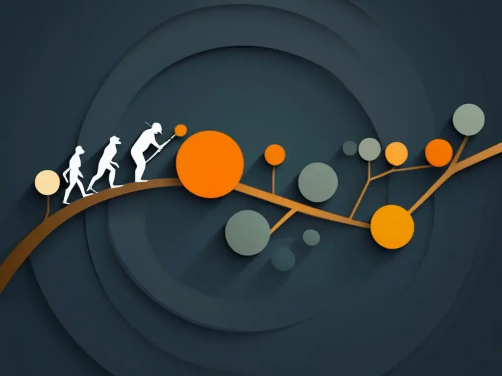 Árbol evolutivo con ramificación geométrica y organismos en círculos conectados, representando la Teoría de la evolución de Darwin