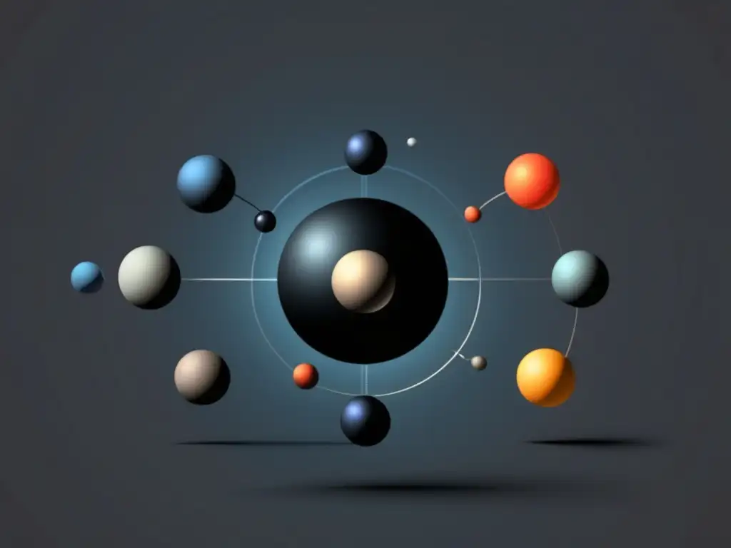 Evolución teoría atómica Demócrito Bohr: Esferas interconectadas representan avances conceptuales y colores simbolizan comprensión creciente