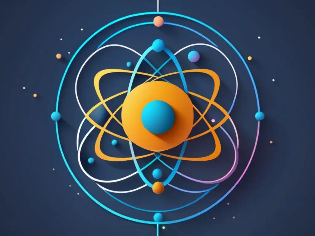 Evolución teoría atómica Demócrito Bohr: imagen abstracta de niveles de energía, electrones en movimiento y núcleo brillante