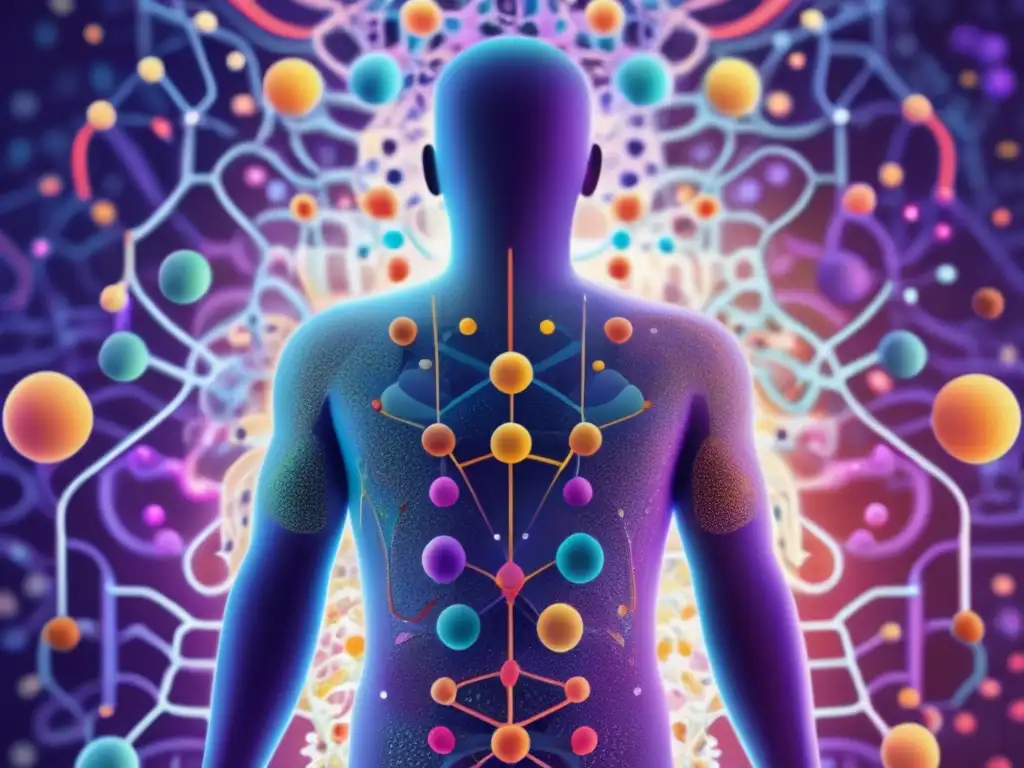 Interacción inmune-microbioma: figura compleja Microbioma e inmunidad: figura 8k detallada en líneas y formas geométricas con fondo abstracto, resalta la importancia del microbioma