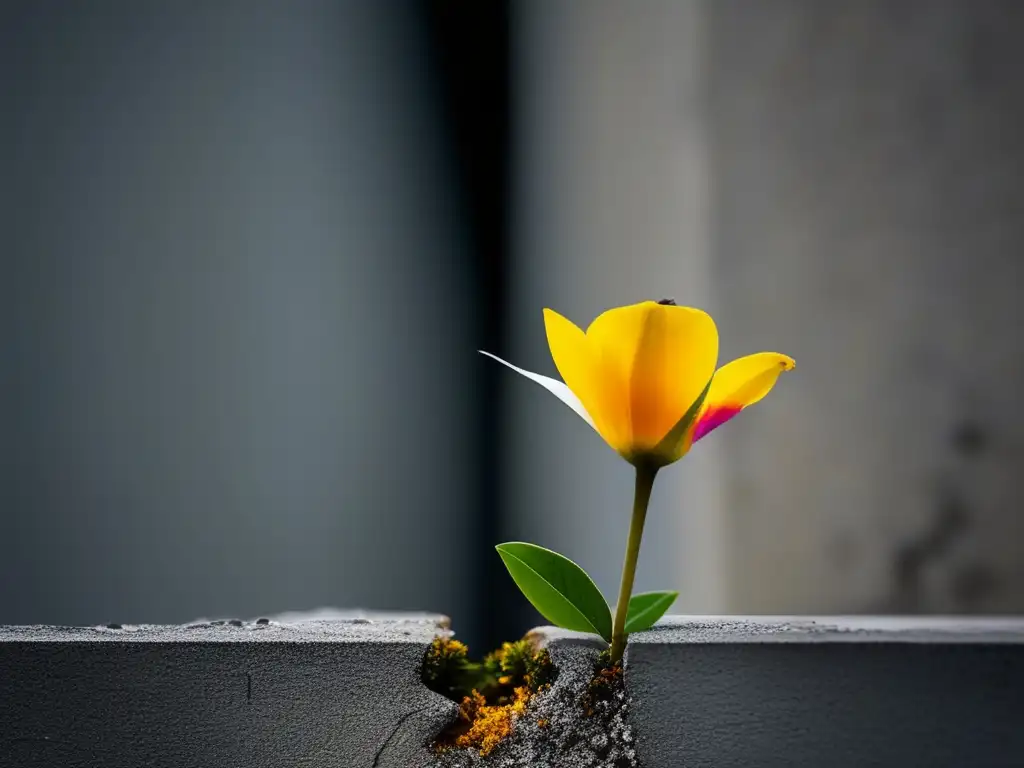 Flor resiliente emerge de grieta en pared de concreto, simbolizando importancia de adaptación en evolución