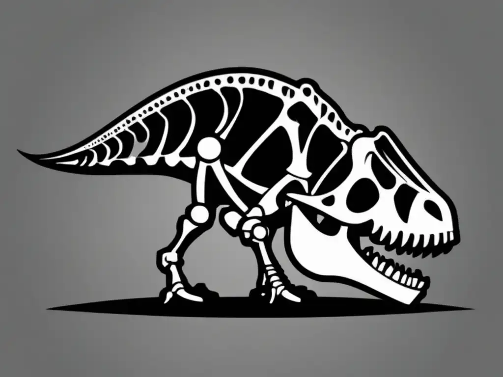 Importancia de la paleontología en la extinción masiva: ilustración minimalista en blanco y negro de un esqueleto fosilizado de dinosaurio