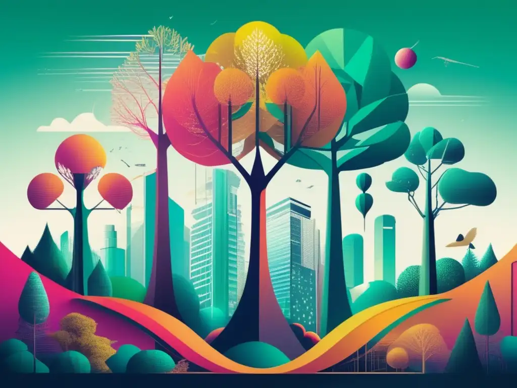 Naturaleza y tecnología en equilibrio Paisaje surrealista que fusiona naturaleza y tecnología, representando la ingeniería genética y el cambio climático