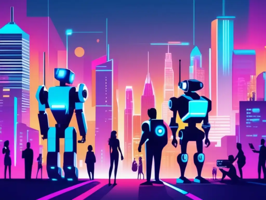 Impacto IA & Robótica en nuestra vida: Futuro urbano tecnológico con personas, robots y luces neón