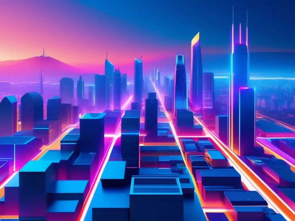 Ciudad futurista con tecnología cuántica Tecnologías cuánticas en transporte revolucionando: imagen futurista de una ciudad con rascacielos minimalistas y luces de neón