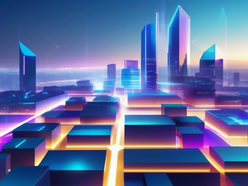 Ciudad futurista con arquitectura geométrica y nanotecnología Ciudad futurista y vibrante con edificios geométricos, nanotecnología y sostenibilidad