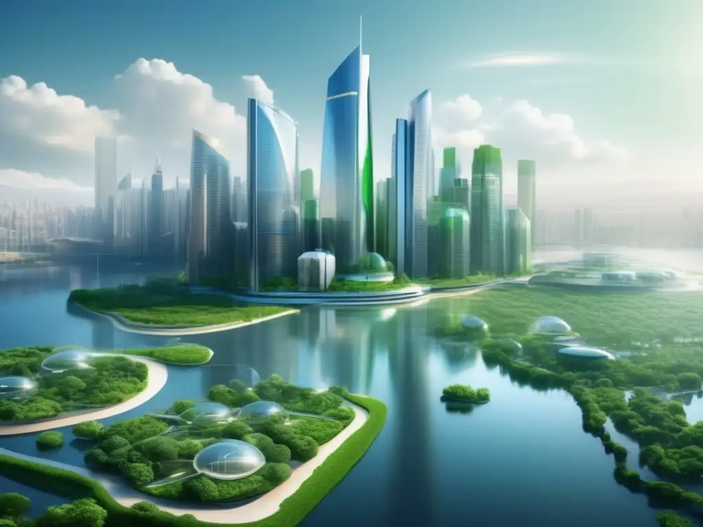 Innovaciones tecnológicas: ciudad futurista sostenible, con rascacielos transparentes y biodegradables, rodeada de paisajes verdes y cielo limpio