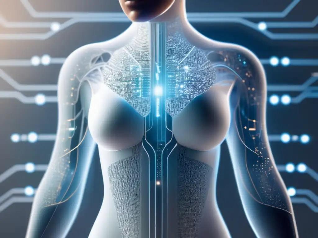 Fusión futurista del cuerpo humano con la tecnología Importancia de la biomedicina en la salud: imagen futurista del cuerpo humano con circuitos y código, simbolizando la integración de IA en la medicina
