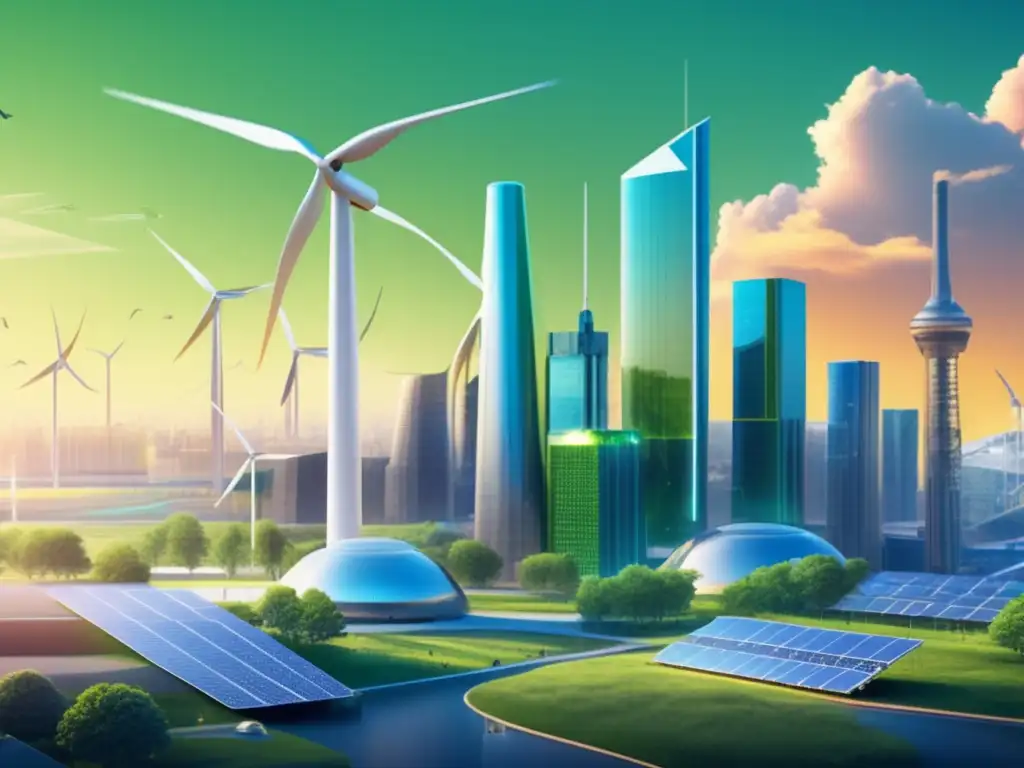 Innovaciones tecnológicas para combatir la contaminación en una ciudad futurista con energía renovable, captura de carbono y gestión inteligente de residuos