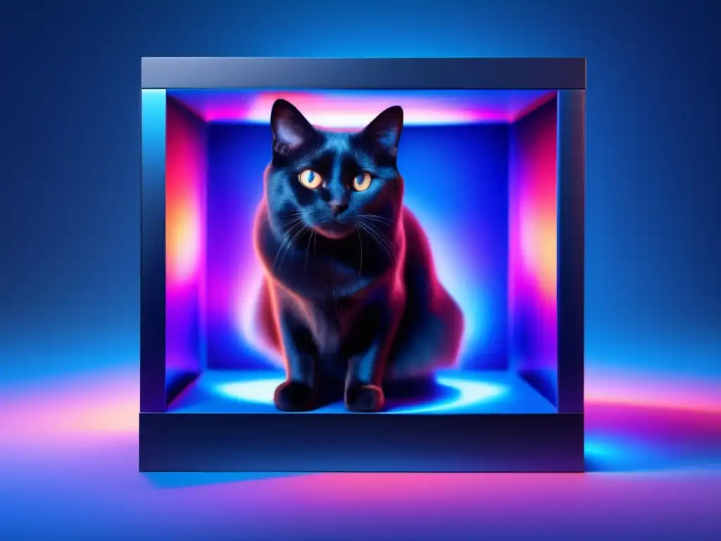 Descubriendo la física cuántica: gato negro en caja transparente, simbolizando vida y muerte, rodeado de partículas y fondo abstracto