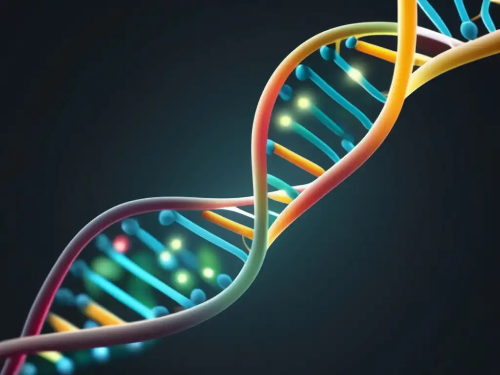 Ingeniería genética en producción alimentaria: imagen abstracta de ADN colorido y detallado en fondo oscuro