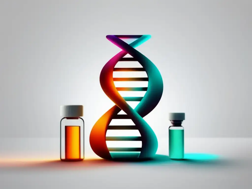 Importancia de la farmacogenética en la hipertensión: imagen abstracta y minimalista de ADN y botella de píldoras