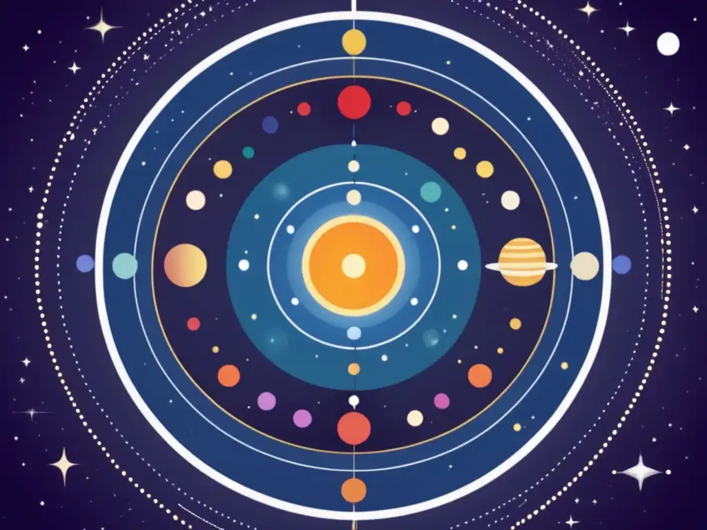 Geocentrismo y revolución copernicana: imagen abstracta de la Tierra en el centro del universo con esferas celestiales