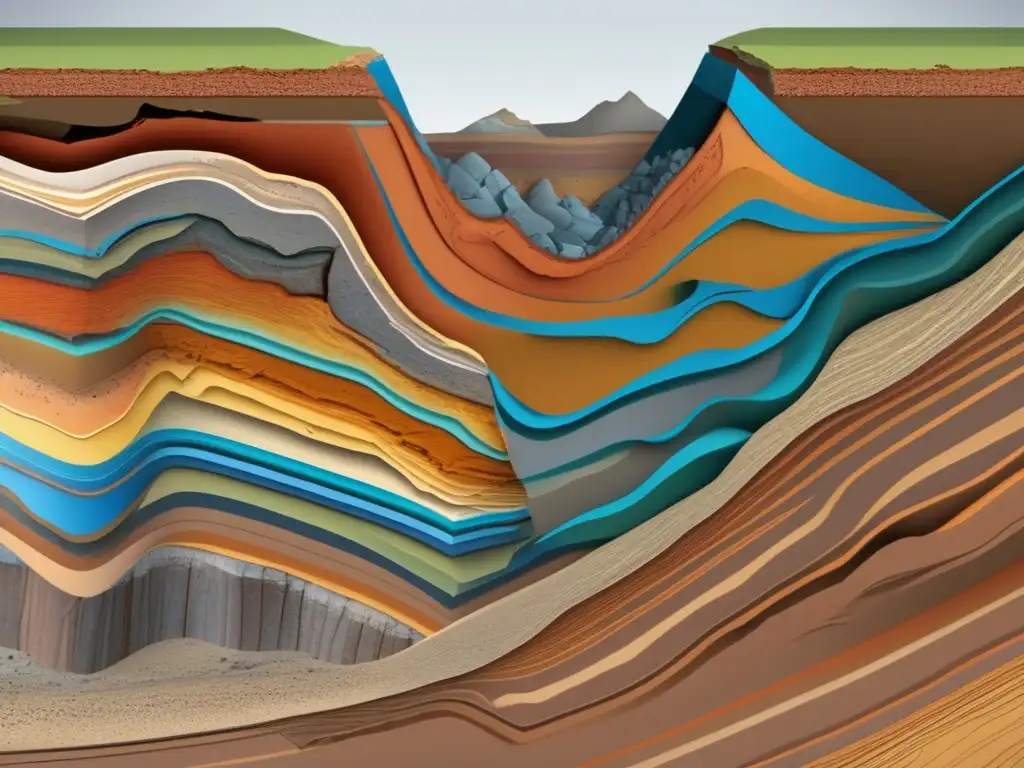 Importancia Geología Estructural en minerales: Imagen 8k detallada de una sección transversal geológica con deformación, fallas y fracturas en rocas