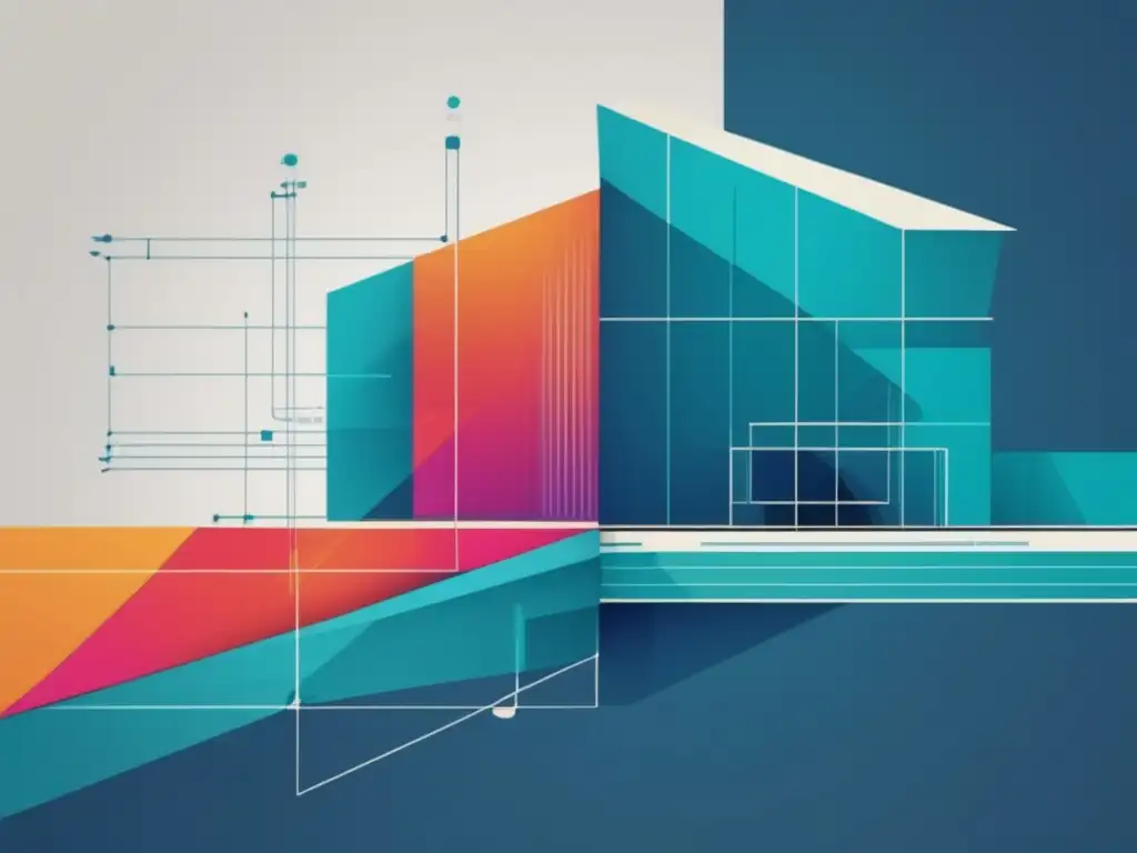 Importancia de la geomatemática en arquitectura: blueprint abstracto geométrico con colores vibrantes