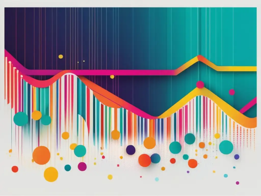 Estadística inferencial para persuadir: Gráfico abstracto y minimalista con líneas y puntos de colores vibrantes, creando patrones intrincados