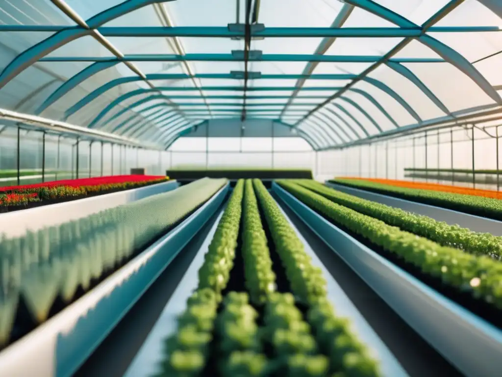 Invernadero futurista con cultivos genéticamente modificados Beneficios de la ingeniería genética en la agricultura: Invernadero futurista con cultivos modificados genéticamente