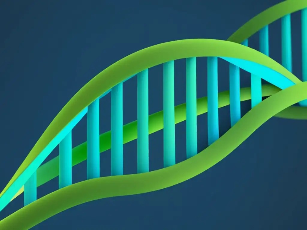 Descubrimientos científicos en física biológica: DNA doble hélice en tonos azules y verdes, resaltando su belleza y complejidad