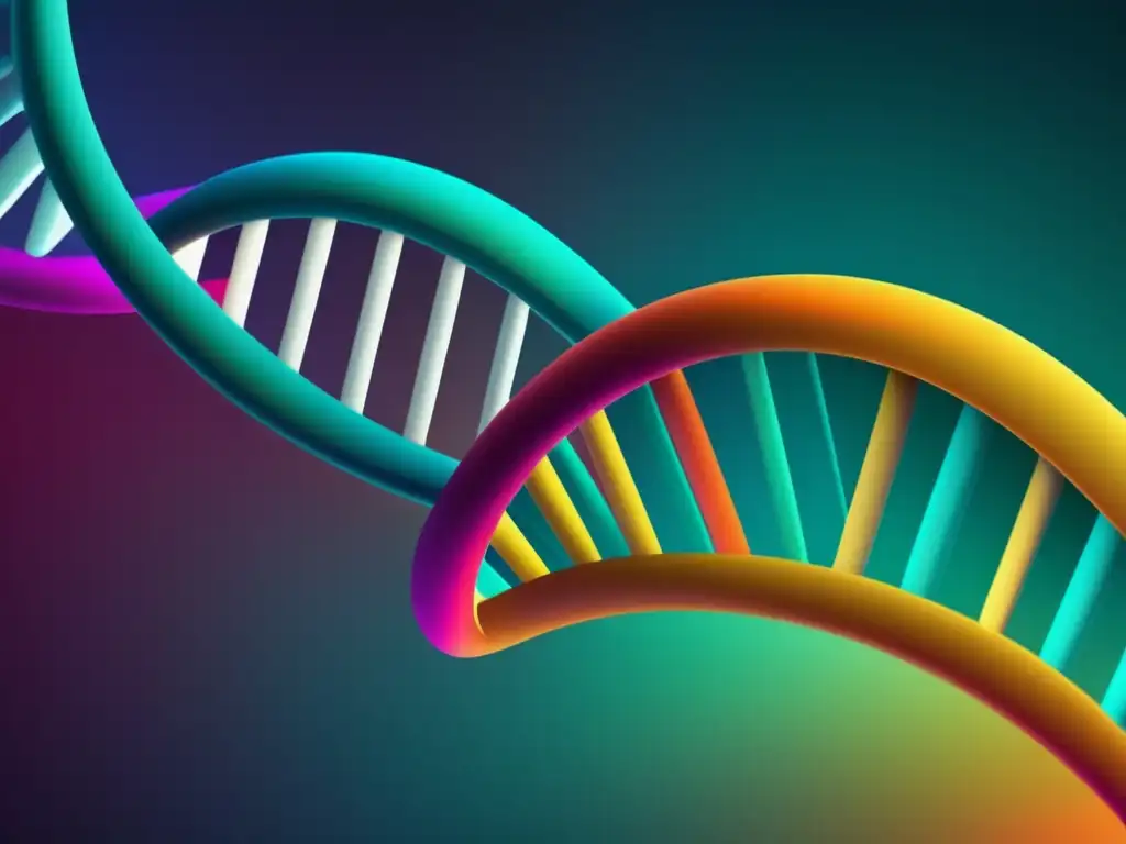 Imagen abstracta de una doble hélice de ADN con formas geométricas y colores vibrantes, representando pares de bases