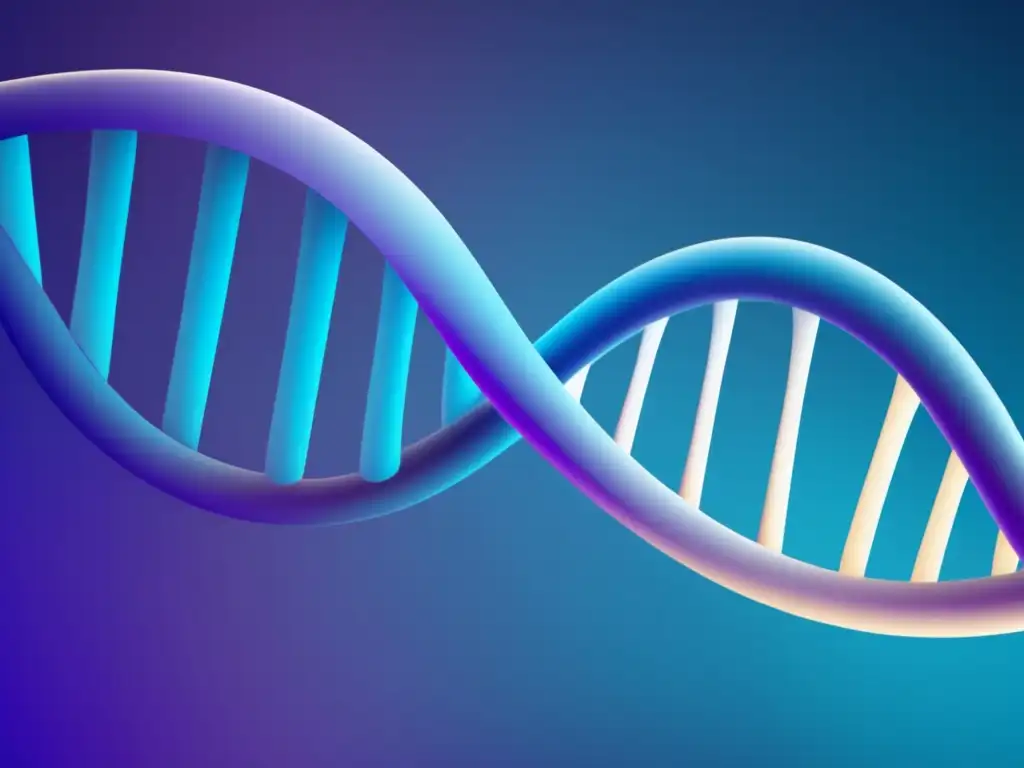 Imagen abstracta de una doble hélice de ADN, resaltando la estructura molecular en tonos azules y morados