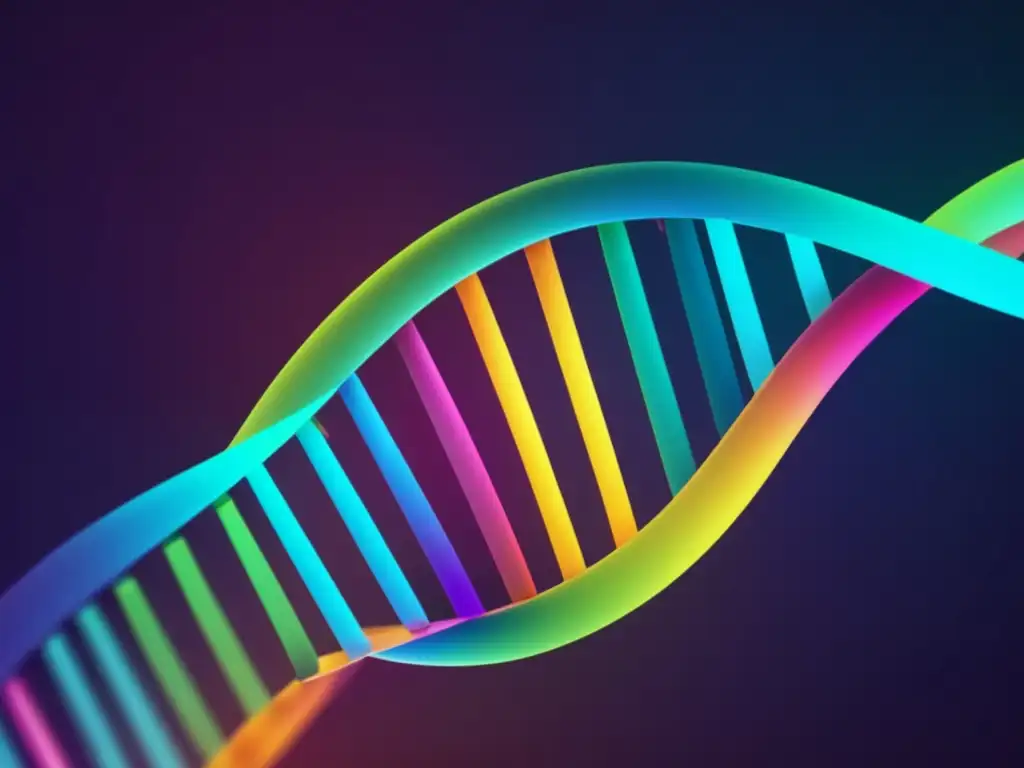 Descubrimientos de Gregor Mendel en genética - ADN desenrollándose con colores vibrantes representando los nucleótidos